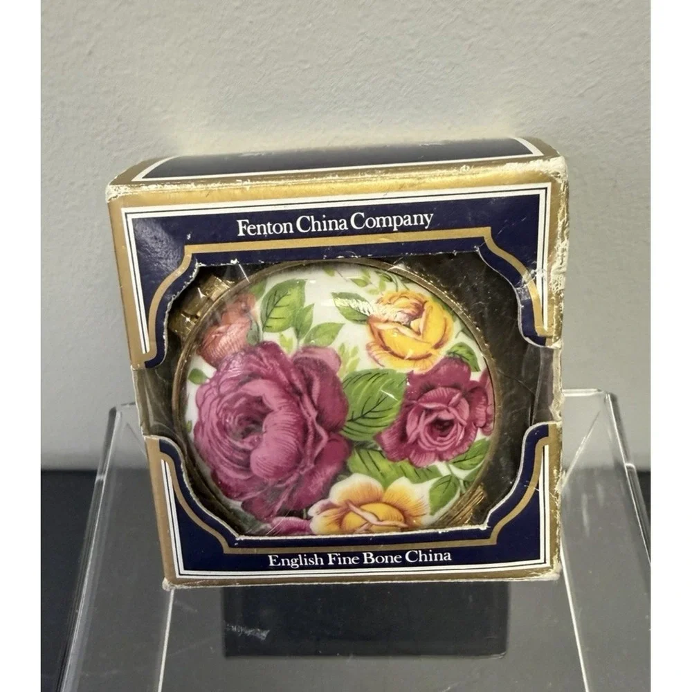 Floral Motif Gold Hinged Trinket Box Fenton Bone China Peony‎ Rose Country Decor